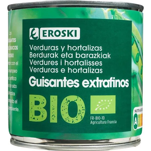 Guisante extrafino EROSKI BIO, lata 280 g