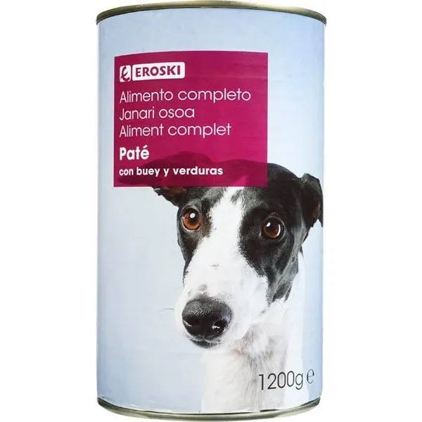 Alimento con buey para perro EROSKI, lata 1,23 kg