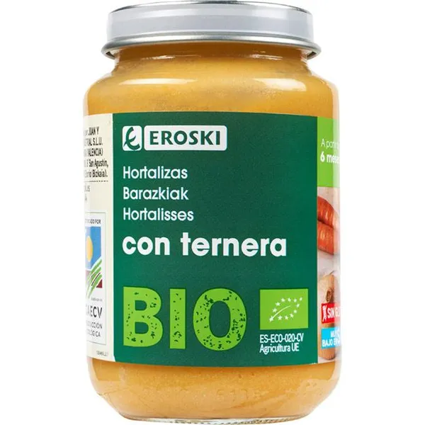 Tarrito de ternera con verduras EROSKI BIO, tarro 200 g