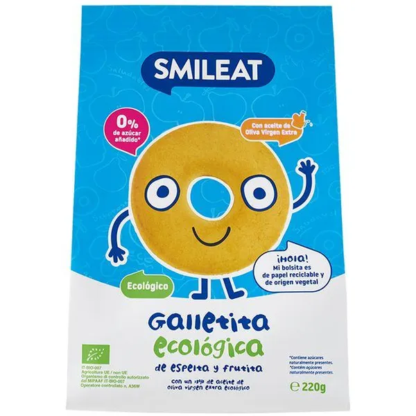 Galletita de espelta y manzana ecológicas SMILEAT, bolsa 220 g
