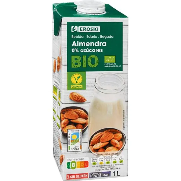 Bebida de almendra EROSKI BIO, brik 1 litro