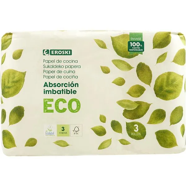 Papel de cocina 3 capas ecológico EROSKI, paquete 3 rollos