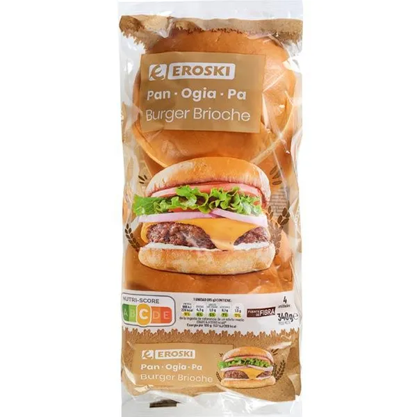 Pan burger brioche EROSKI, 4 uds, paquete 340 g