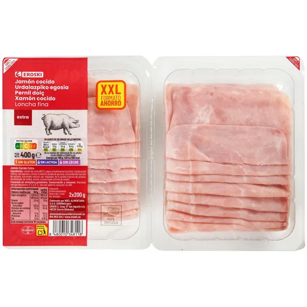 Jamón cocido EROSKI, pack 2x200 g