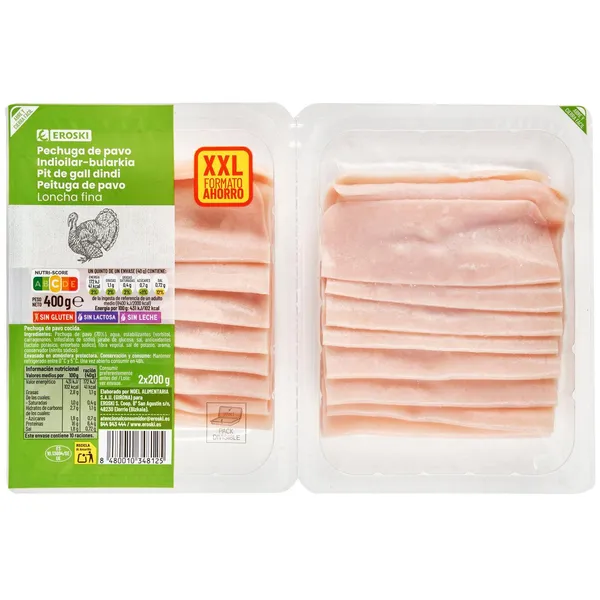 Pechuga de pavo EROSKI, pack 2x200 g
