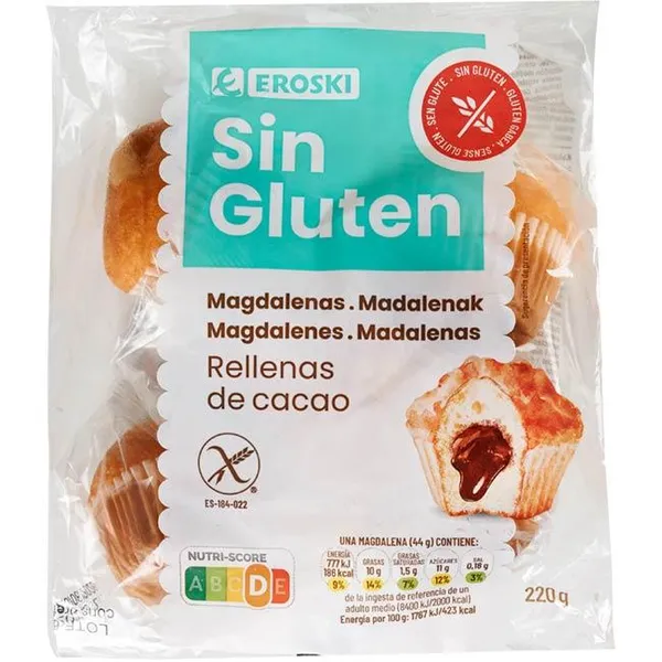 Magdalena rellena de chocolate sin gluten EROSKI, bolsa 220 g