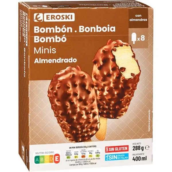 Mini bombón almendrado EROSKI, pack 8x50 ml