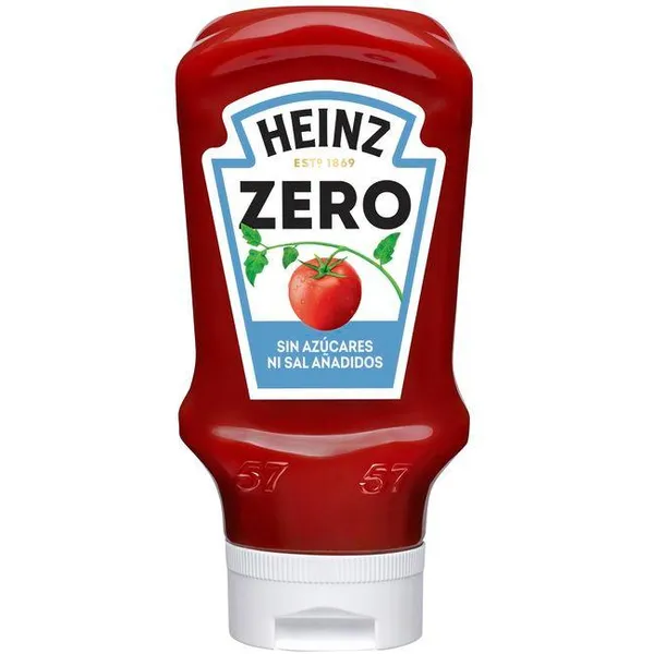 Ketchup zero sin sal ni azúcares añadidos HEINZ, bocabajo 425 g