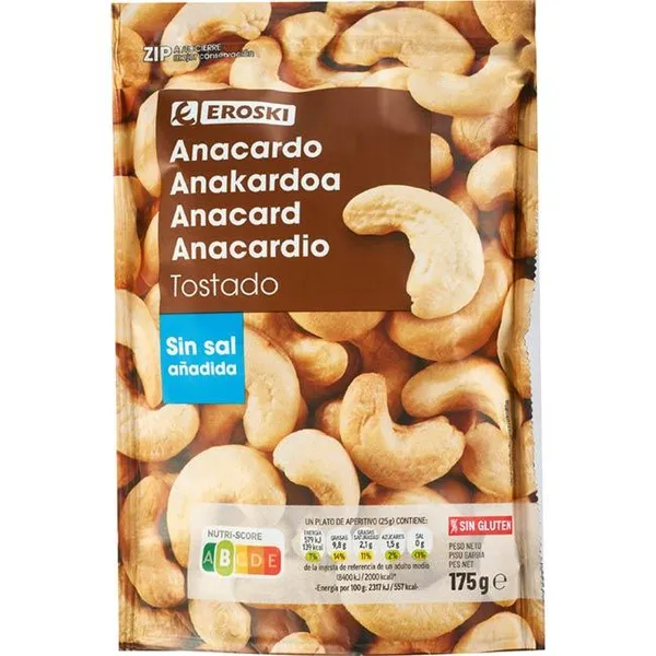 Anacardos tostados sin sal EROSKI, bolsa 175 g