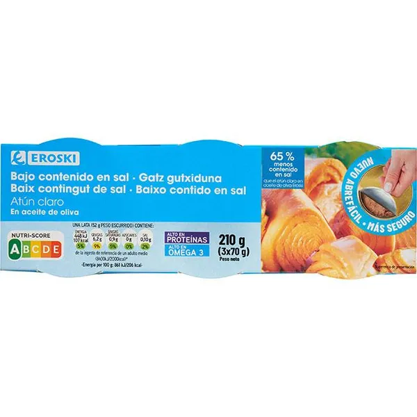 Atún claro en aceite bajo en sal EROSKI, pack 3x70 g