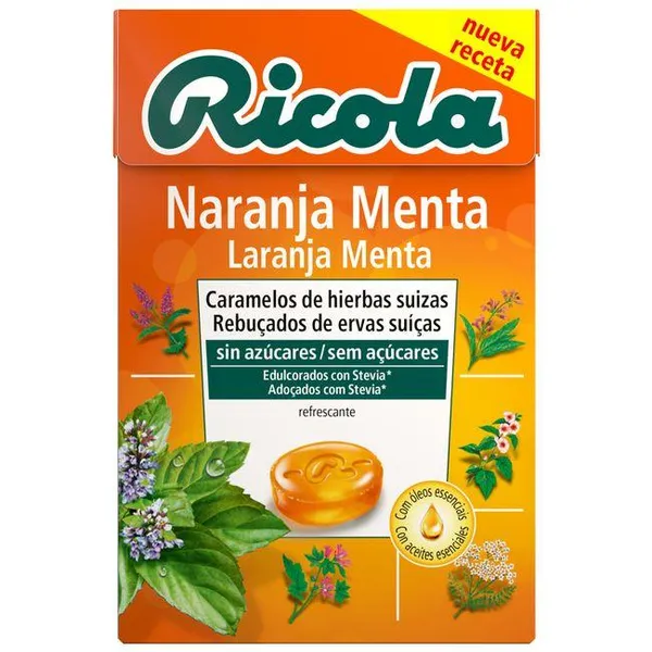 Caramelo sabor naranja sin azúcar RICOLA, caja 50 g
