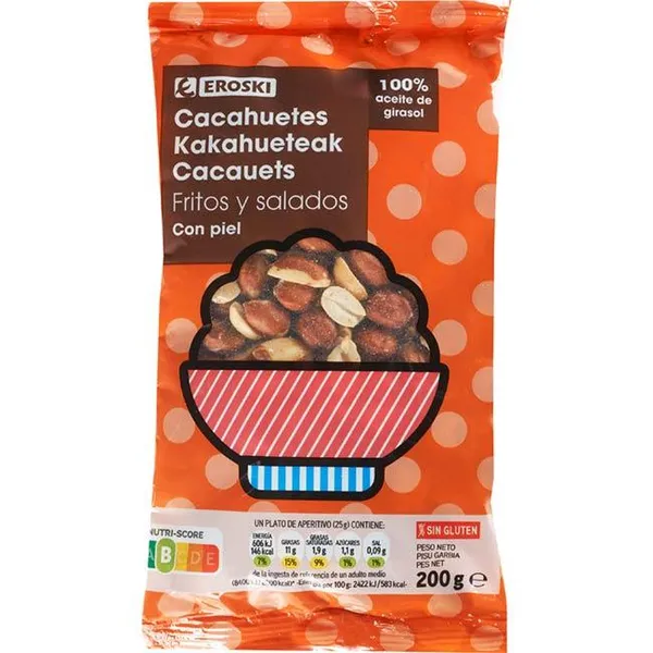 Cacahuete frito con piel EROSKI, bolsa 200 g