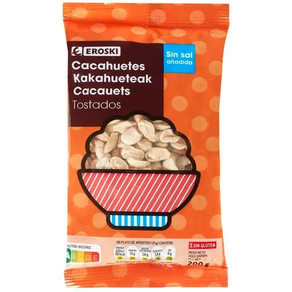 Cacahuete tostado sin sal EROSKI, bolsa 200 g