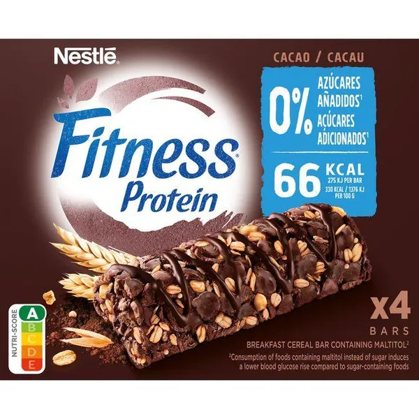 Barritas 0% azúcares proteína cacao NESTLÉ FITNESS, pack 4x20 g