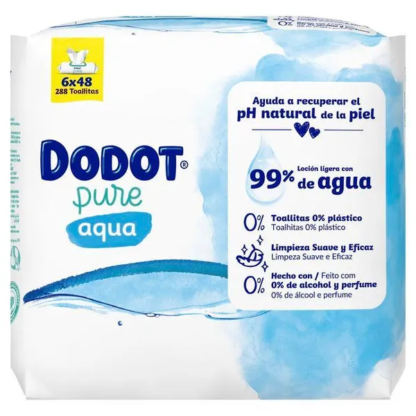 Toallitas 0% plástico DODOT PURE AQUA, pack 6x48 uds