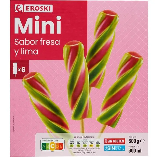 Helado mini sabor fresa-lima EROSKI, 6 uds, caja 300 g