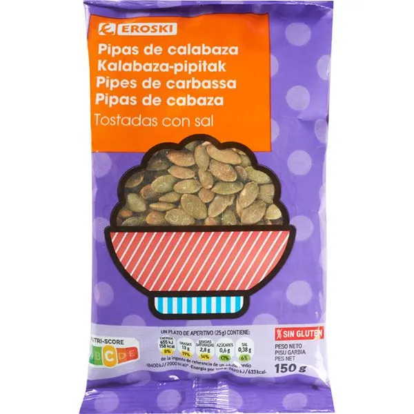 Pipa de calabaza tostada con sal EROSKI, bolsa 150 g
