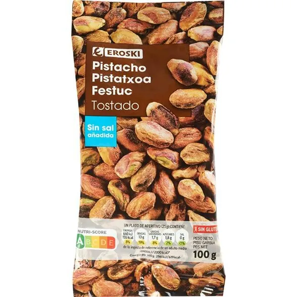 Pistacho pelado tostado sin sal EROSKI, bolsa 100 g
