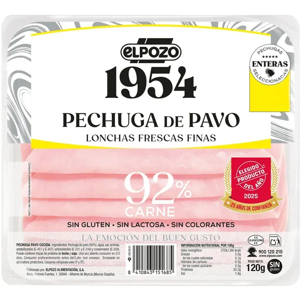 Pechuga de pavo ELPOZO, lonchas, bandeja 120 g