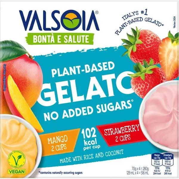 Helados de mango, fresa, arroz y coco VALSOIA, pack 4x70 g