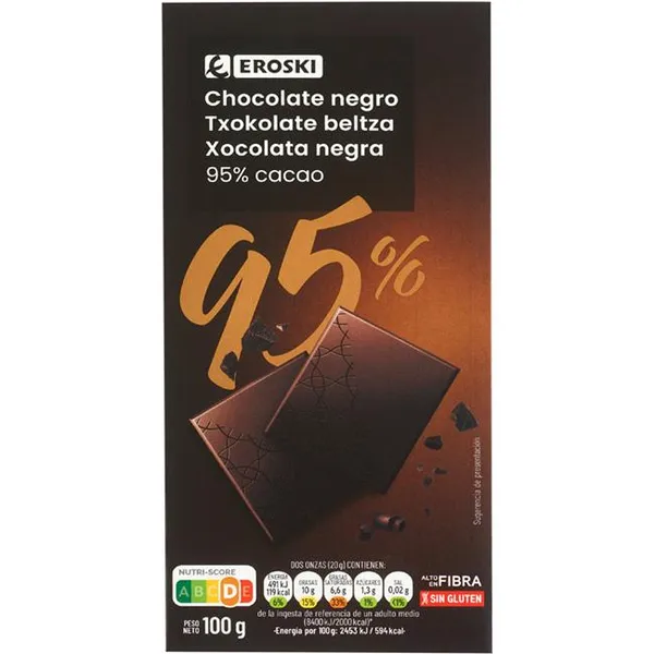 Chocolate negro 95% cacao EROSKI, tableta 100 g