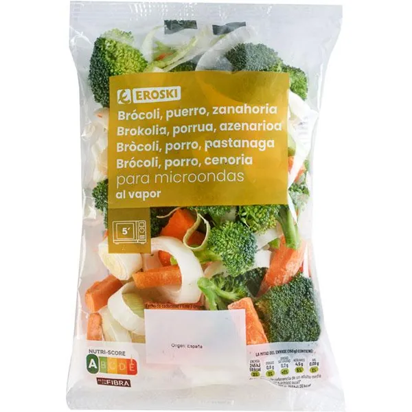 Brócoli, zanahoria y puerro para microondas EROSKI, bolsa 300 g