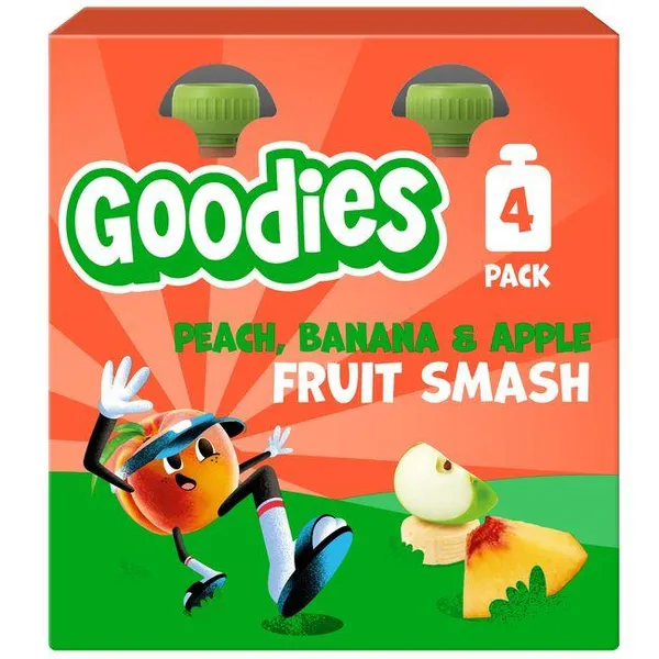 Bolsita de melocotón, manzana y plátano GOODIES, pack 4x100 g