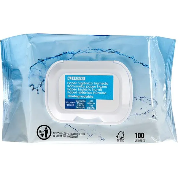 Papel higiénico húmedo bio EROSKI, paquete 100 uds