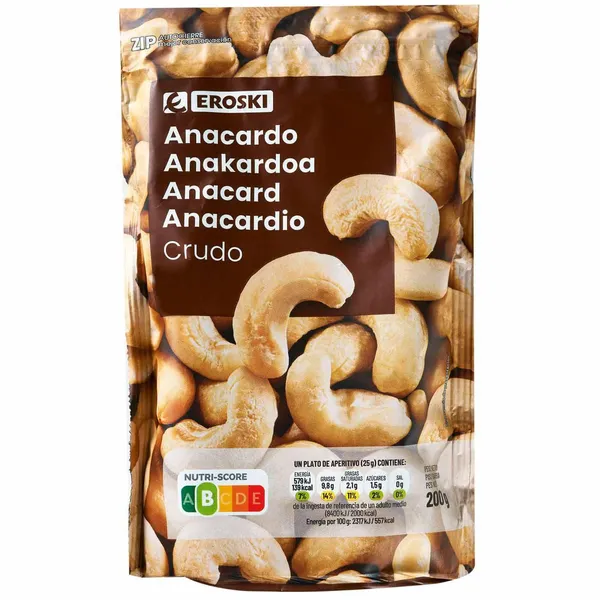 Anacardo crudo EROSKI, bolsa 200 g