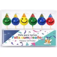Vela para tarta, cara feliz, multicolor, Feliz Cumpleaños, pack 6 uds