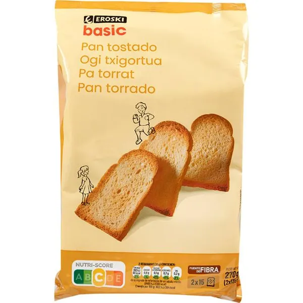 Pan tostado EROSKI basic, 30 rebanadas, paquete 270 g