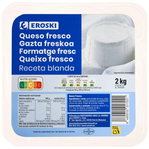 Queso fresco tradicional Burgos EROSKI, al corte, compra mínima 250 g