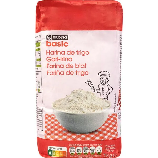 Harina de trigo EROSKI BASIC, paquete 1 kg