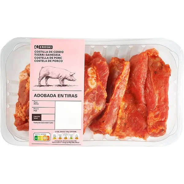 Costilla de cerdo adobada en tiras EROSKI, bandeja aprox. 500 g
