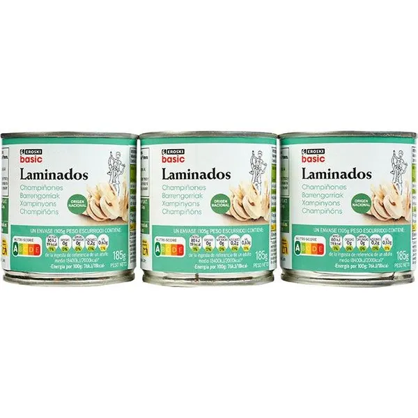 Champiñon laminado EROSKI BASIC, pack 3x105 g