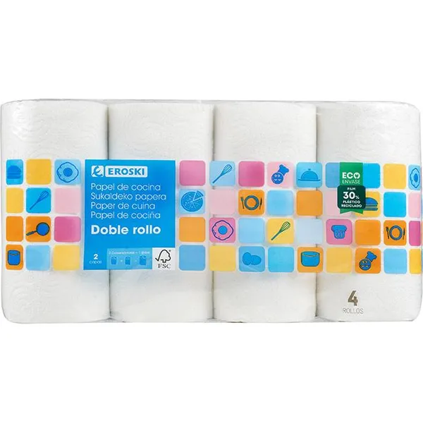Papel de cocina compacto doble rollo EROSKI, paquete 4=8 rollos