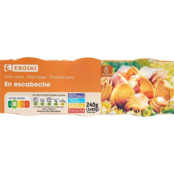 Atún claro en escabeche EROSKI, pack 3x80 g