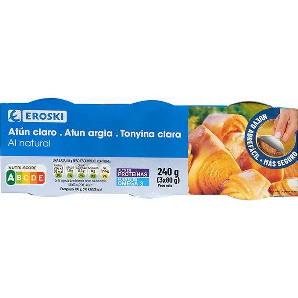 Atún claro al natural EROSKI, pack 3x56 g