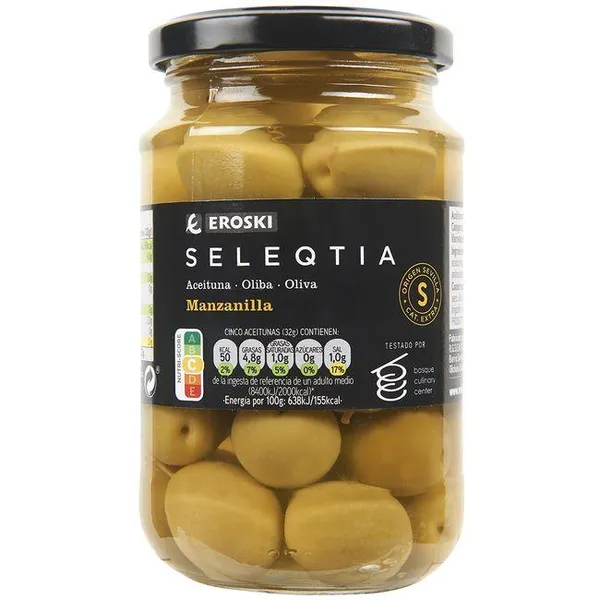 Aceitunas manzanilla EROSKI SELEQTIA, frasco 200 g