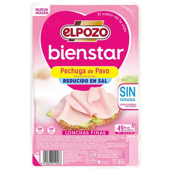 Pechuga de pavo ELPOZO Bienstar reducido en sal sin grasa lonchas finas 65 g