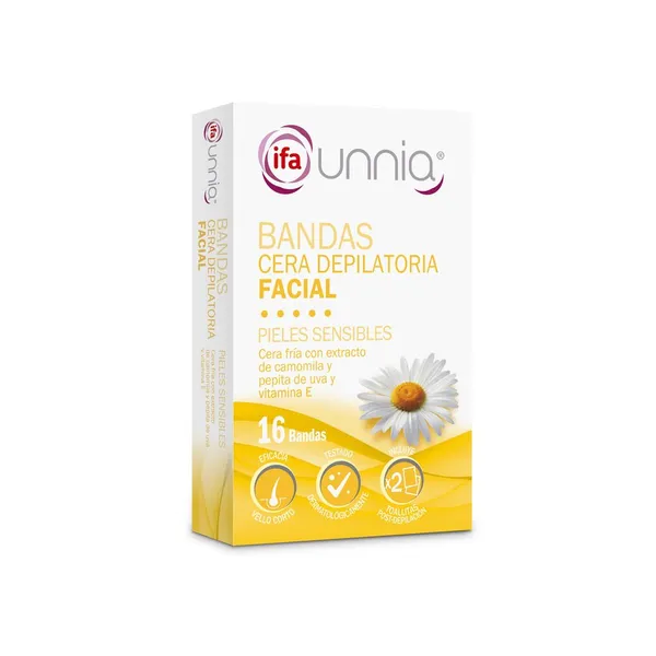 Bandas cera depilación facial IFA UNNIA piel sensible 8 unidades dobles + 2 toallitas