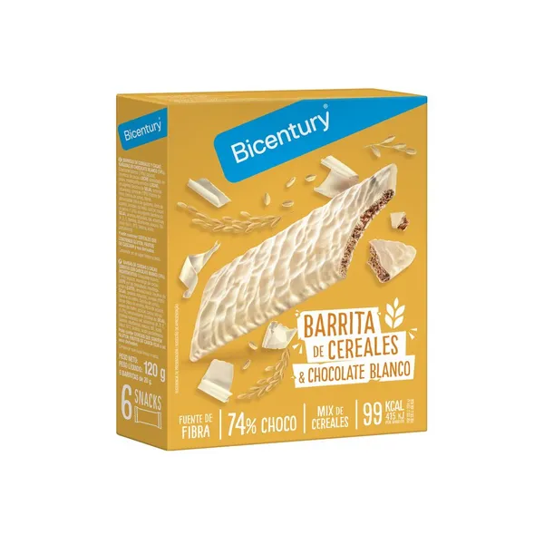 Snack BICENTURY chocolate blanco y cereales 6 unidades 120 g