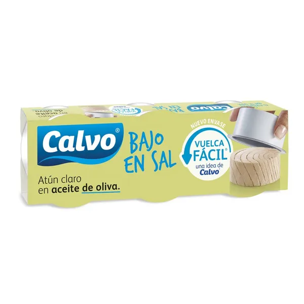 Atún claro en aceite de oliva CALVO bajo en sal vuelca fácil pack 3x65 g pn.