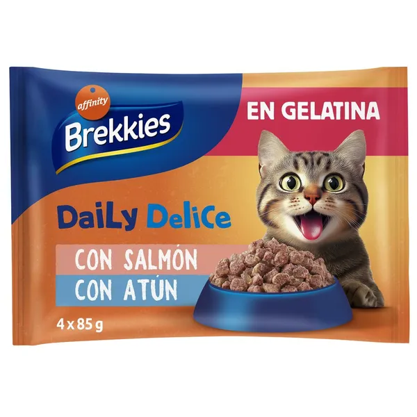 Alimento gato BREKKIES Daily Delice salmón/atún gelatina 4x85 g