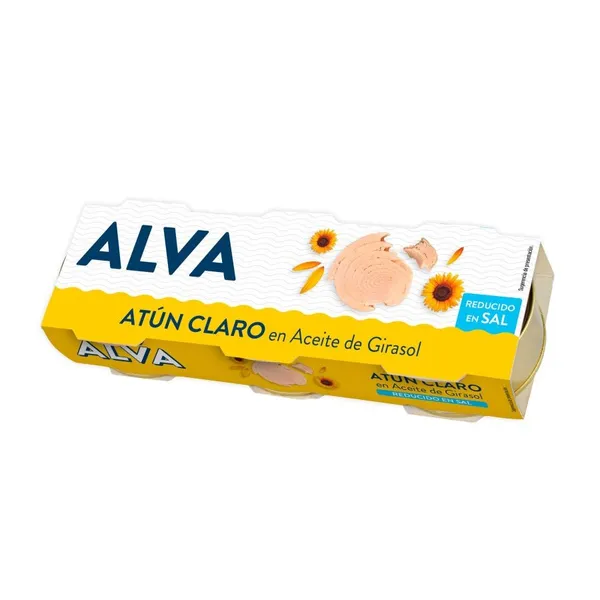 Atún claro en aceite de girasol ALVA reducido en sal pack 3x70 g pn.
