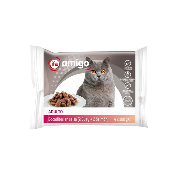 Alimento gato bocaditos salsa IFA AMIGO buey-salmón 4x100 g