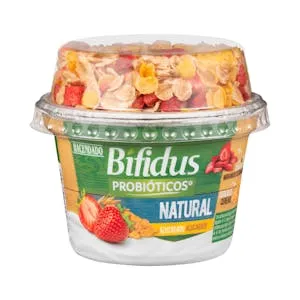 Bífidus natural azucarado probióticos Hacendado con cereales y fresas deshidratadas