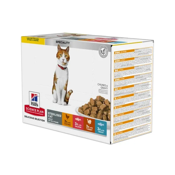 Hill's Science Plan Adult Sterilised comida húmeda para gatos pollo, salmon, pavo y trucha
