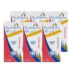 Leche desnatada Villa Corona 1 litro pack 6 bricks