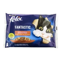 Comida húmeda para gatos en gelatina de pollo conejo cordero y buey Felix Fantastic 4x85 g